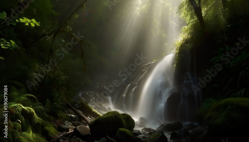 A serene waterfall in the forest emits a misty spray that forms a stunning halo around the fall. Mysterious light is giving it an idyllic look. Generative AI