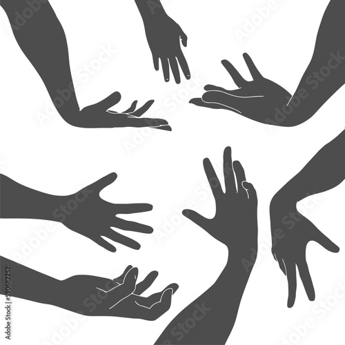 Various gestures of human hands isolated on a white background. Vector flat illustration of hands in different situations. Vector design elements for infographic, web, internet, presentation.