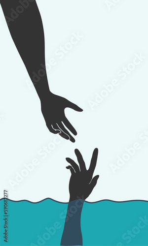 Help hand for drowning person. Life saving in sea or ocean. Psychology support