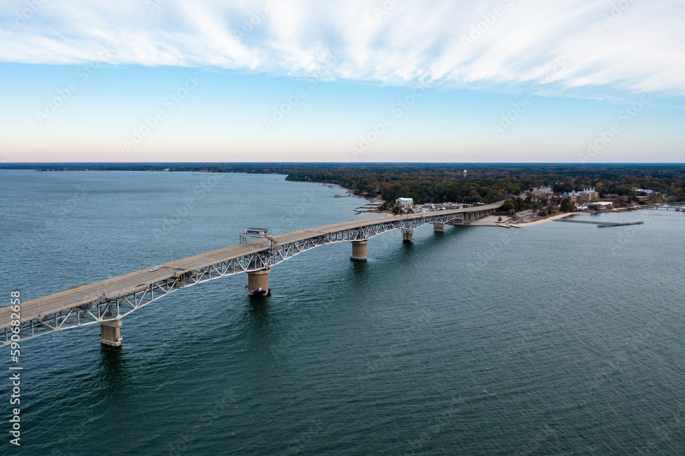 Aerial View of The Coleman Memorial Bridge Connecting Yorktown and Gloucester in Virginia