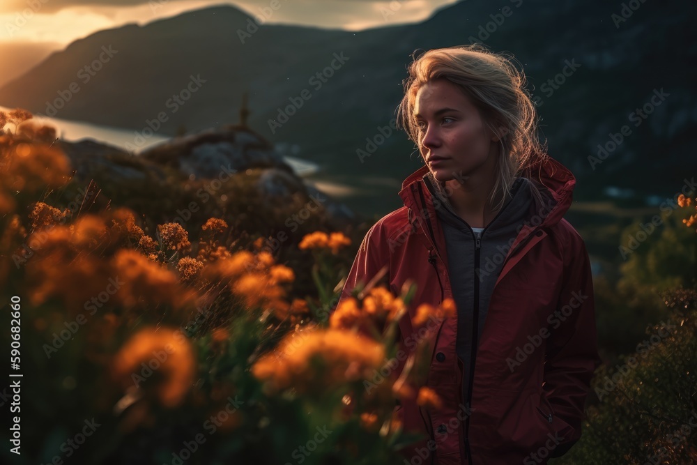 Young woman posing in a meadow with flowers in a northern mountains. Generative AI Young woman posing in a meadow with flowers in a northern mountains. Generative AI
