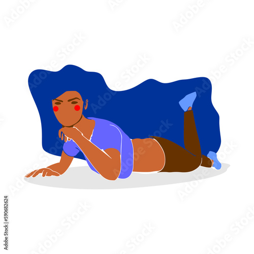 Lying woman. Sport girl illustration. Casual sportwear, breeches and sneakers. Young woman wearing workout clothes. Sport fashion girl outline in urban casual style.