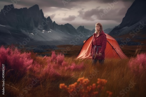Young woman posing in front of a tent in a northern mountains. Generative AI © Adriana