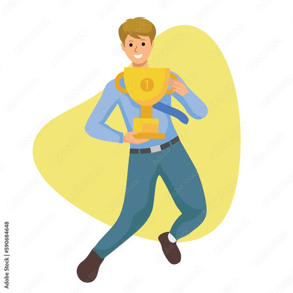 Flat design of a man who has won something and raises his trophy with pride and joy Flat design of a man who has won something and raises his trophy with pride and joy