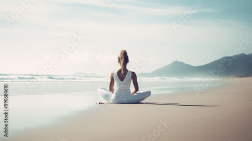 Woman practicing yoga at seashore. Generative AI