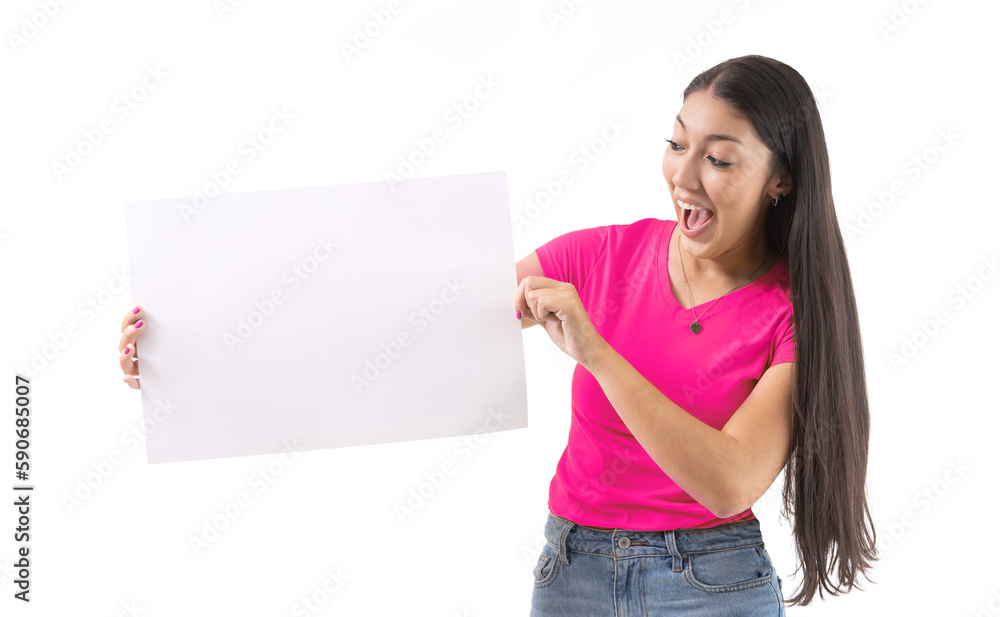 latina woman long hair 20 years old smiling with a sign in her hand latina woman long hair 20 years old smiling with a sign in her hand