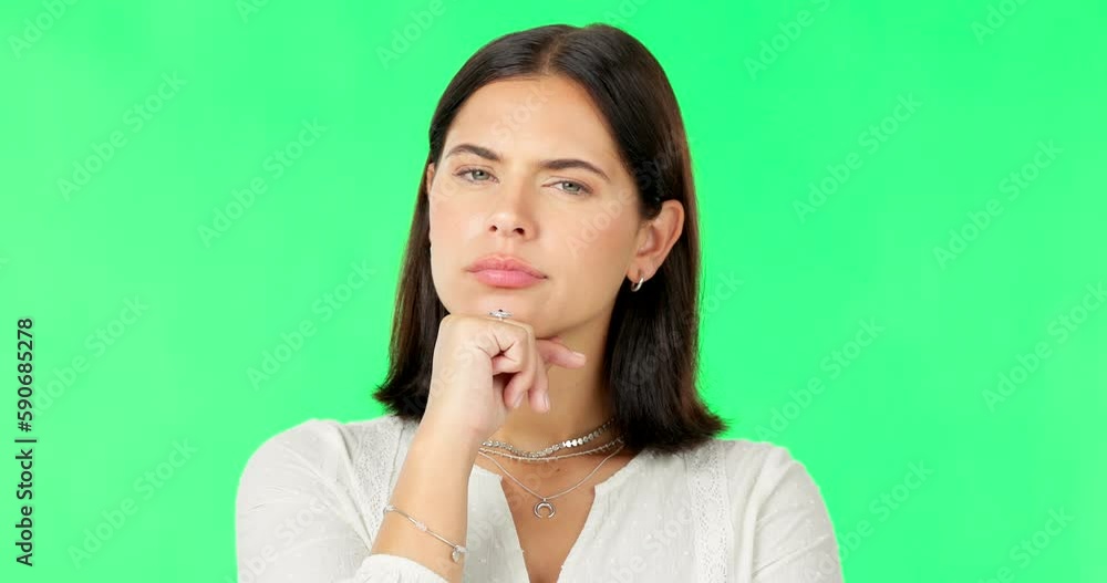Face, woman and thinking of ideas on green screen, question or remember in studio. Female model, serious portrait and think of solution, decision or confused of choice, why or doubt of future mindset Face, woman and thinking of ideas on green screen, question or remember in studio. Female model, serious portrait and think of solution, decision or confused of choice, why or doubt of future mindset