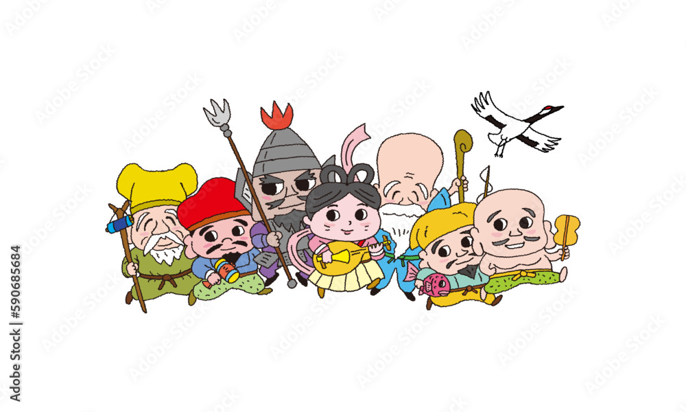 七福神が楽しく行進しているイラスト 七福神が楽しく行進しているイラスト