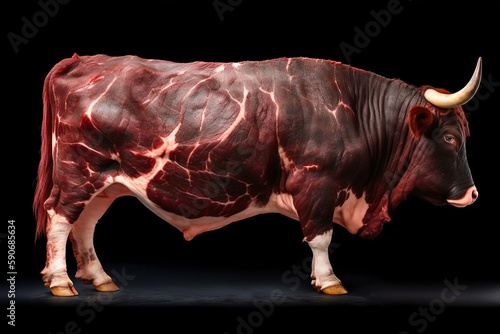 Slika na platnu Cow with horns with meat instead of skin. Generative AI