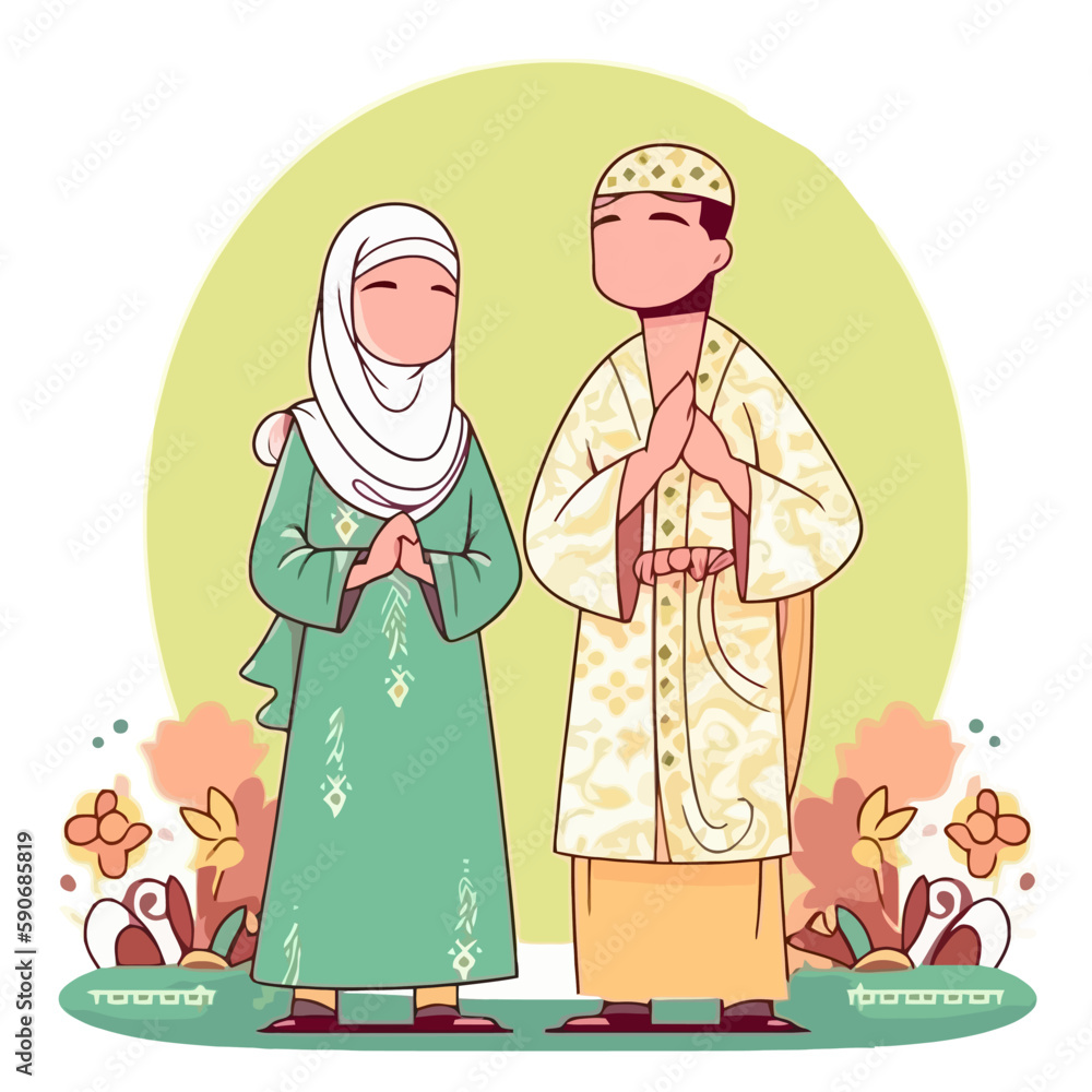 In an Islamic couple illustration, the man and woman may be shown in a