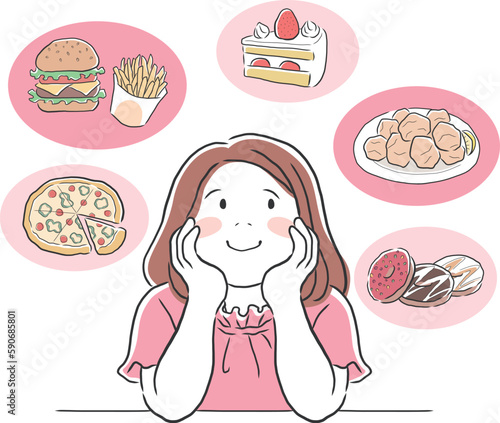 好きな食べ物を考えるぽっちゃりした女性のイラスト素材