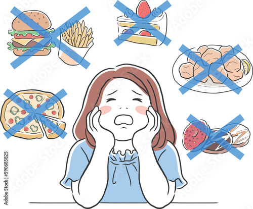 食べるのを我慢して辛い表情の女性のイラスト素材