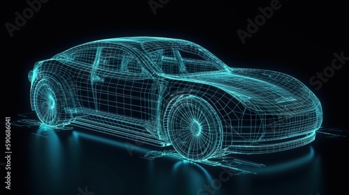Frontside Futuristic AR car wireframe concept, generative ai, Augmented reality wireframe of car concept with blue background