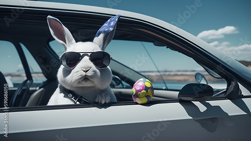 Cute Easter Bunny with sunglasses looking out of a car, rabbit with black sunglasses Generative AI