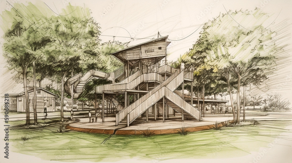 Fototapeta premium The watercolor illustration of a kid's playground. Built based on various themes that interest children. Located in an attractive landscaped environment. 