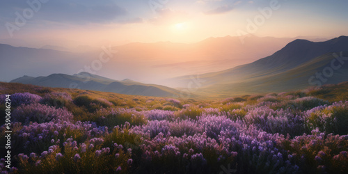 Spring dawn in the mountains with pink purple flowers in green grass. AI generation
