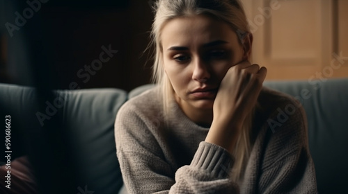 Young woman lying at home in living room sitting on sofa. She feeling sad and worried suffering depression in mental health