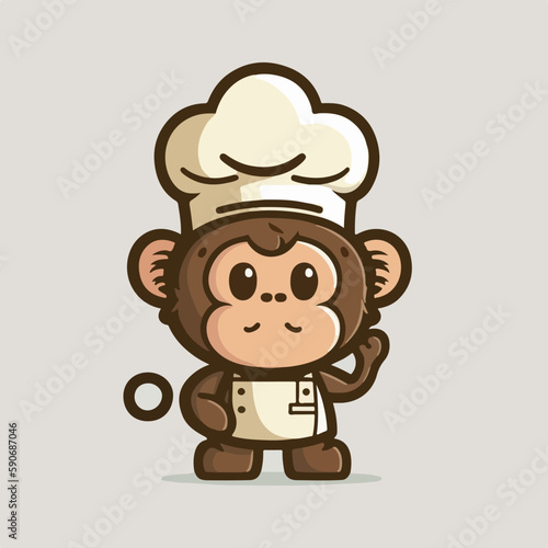 Mascot cartoon of cute smile monkey chef holding spatula wearing cap and uniform. 2d character vector illustration in isolated background