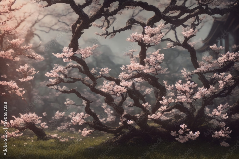 Fototapeta premium beautiful fantasy landscape view on cherry blossom in a asia in the mountains with amazing nature in the morning . Generative AI