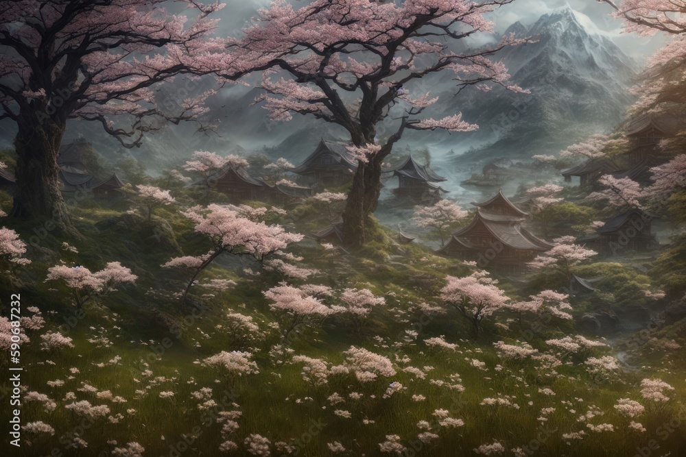 Fototapeta premium beautiful fantasy landscape view on cherry blossom in a asia in the mountains with amazing nature in the morning . Generative AI