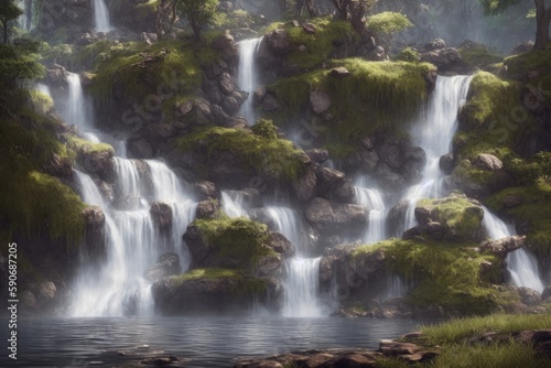 beatiful view on fantasy waterfalls and rocks. Generative AI