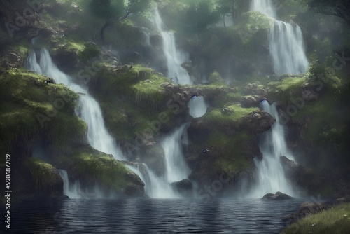 beatiful view on fantasy waterfalls and rocks. Generative AI