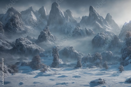 beautiful landscape view on snow covered mountains. Generative AI