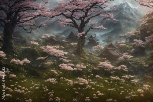beautiful fantasy landscape view on cherry blossom in a asia in the mountains with amazing nature in the morning . Generative AI