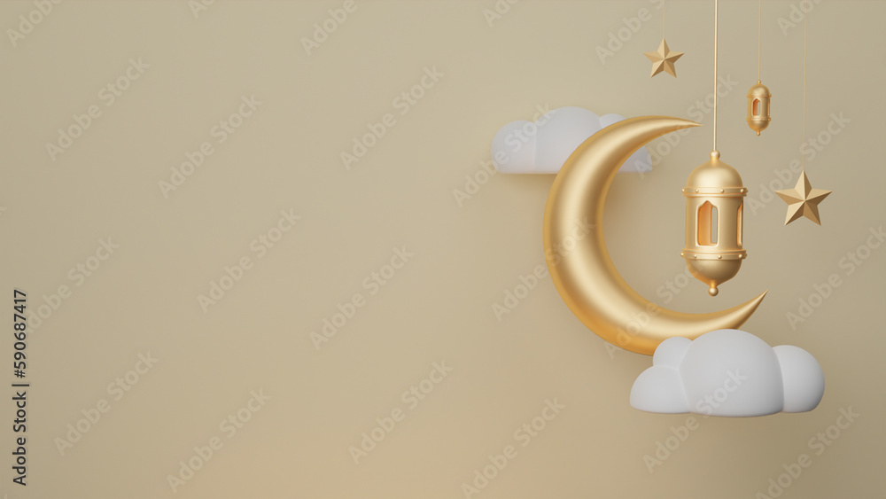 Islamic background lantern, star gold crescent moon on gold. Design concept of ramadan kareem, mawlid, iftar, isra and miraj or eid al fitr adha, copy space text area, 3D illustration
