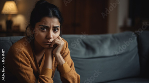 Unhappy depressed Indian woman holding head in hands, sitting alone on couch at home, stressed young female worried about bad relationship
