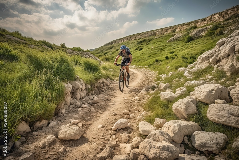 Thrilling mountain biking adventure on rocky terrain (Ai generated)