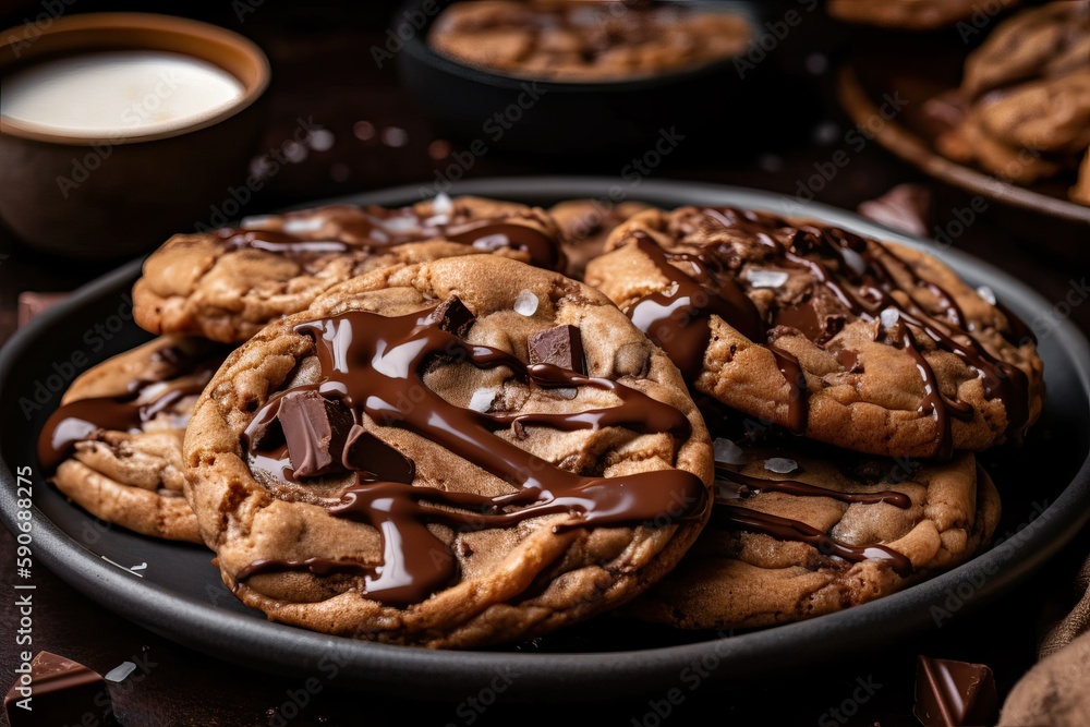 Fresh out of the oven chocolate chip cookies with melted chocolate (Ai generated) Fresh out of the oven chocolate chip cookies with melted chocolate (Ai generated)