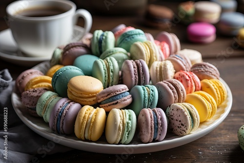 Macaron in a rainbow of colors on a plate (Ai generated)