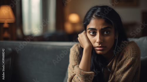 Unhappy depressed Indian woman holding head in hands, sitting alone on couch at home, stressed young female worried about bad relationship Generative AI photo