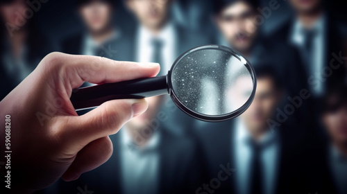 Hand zoom magnifying glass picking business person candidate people group