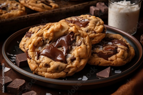Homemade chocolate chip cookies with melted chocolate (Ai generated)