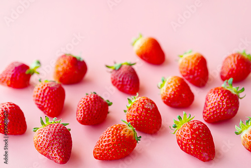 Fresh ripe strawberries collection on pink. Set of organic summer berry fruits.