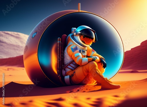 an astronaut resting on mars, beautiful illustration concept , geometric, trending on artstation, cinematic generative ai © Yassine