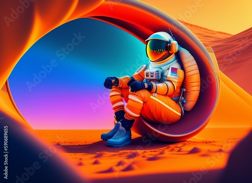 an astronaut resting on mars, beautiful illustration concept , geometric, trending on artstation, cinematic generative ai © Yassine
