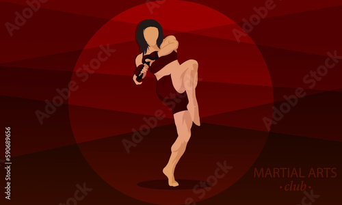 A fighter, a girl is engaged in martial arts. Knee strike, fighting position. Abstract dark red background.