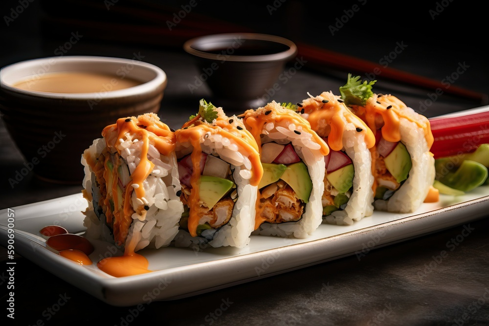 Sushi Roll with Fresh Avocado, Crab Meat, and Spicy Mayo (Ai generated)