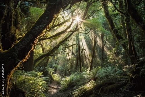 Sunlight shining through the canopy of a forest  Ai generated 