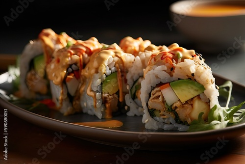 Sushi Roll with Fresh Avocado, Crab Meat, and Spicy Mayo (Ai generated)