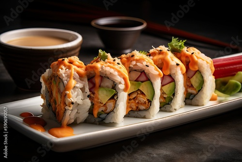 Sushi Roll with Fresh Avocado, Crab Meat, and Spicy Mayo (Ai generated)