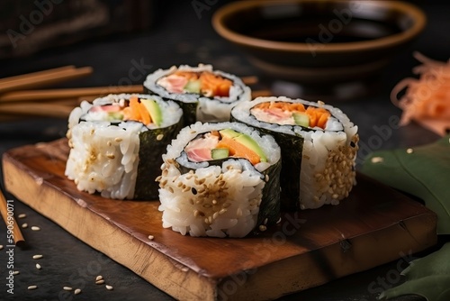 Sushi Roll with Avocado, Crab Meat, and Spicy Mayo, Savor the Flavor (Ai generated)