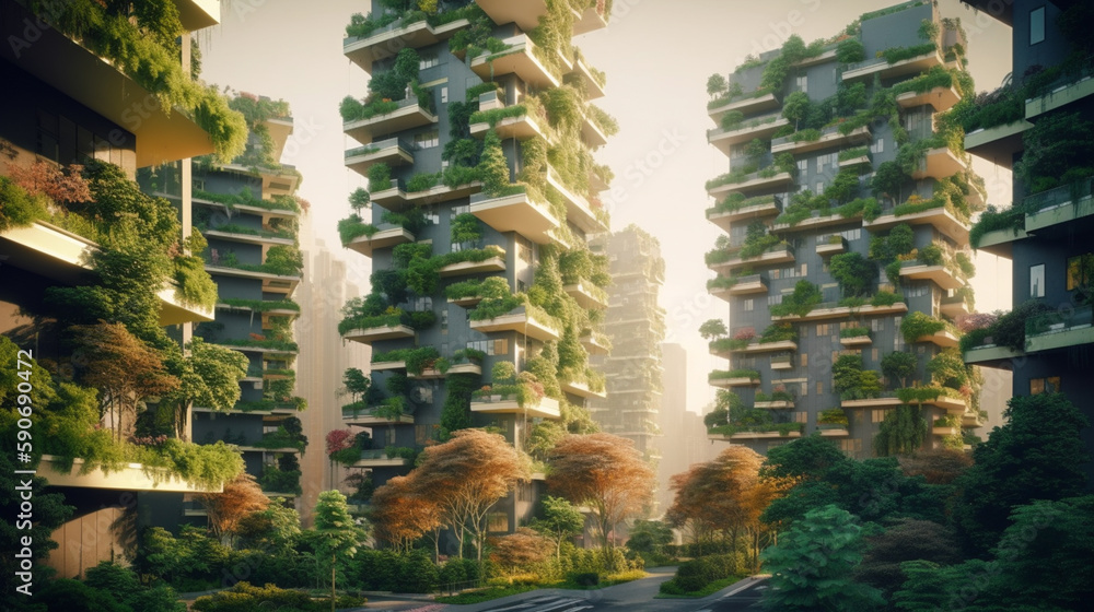 Splendid environmental awareness city with vertical forest concept of metropolis covered with green plants. Civil architecture and natural biological life combination