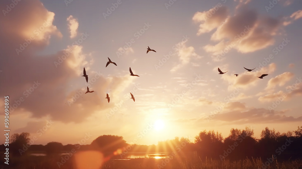 Fototapeta premium Birds flying over sky sunrise background, concept : World environment day, peace and freedom ,
