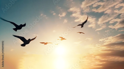 Birds flying over sky sunrise background, concept : World environment day, peace and freedom ,Generative AI  © ruslee