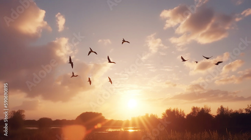 Birds flying over sky sunrise background, concept : World environment day, peace and freedom ,Generative AI 