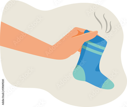 Hand Holding a Dirty Sock that Smells Awful Vector Cartoon Illustration. Gross smelly dirty laundry found by another person

